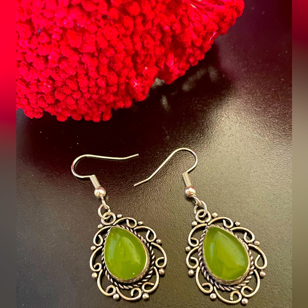 Silver and Lime Green Boho Earrings, NWOT - Picture 3 of 15